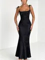 Elegant black jacquard slip maxi dress with bow shoulder straps for evening occasions - S / Dresses / Black
