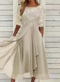Detailed view of champagne chiffon gown featuring elegant lace bodice and pleated hem - S / Dresses / Gold