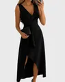 Elegant black sleeveless V-neck dress with knot detail and asymmetrical high-low hem - Black