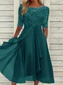 Detail view of teal chiffon evening dress with elegant lace embroidery - S / Dresses / Malachite green