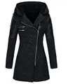 Cappotto grigio scuro da donna con cappuccio, maniche in pelle trapuntata e zip asimmetrica. - Taglia S / Top / Nero