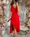 Elegant red V-neck sleeveless dress with asymmetrical ruffled hem for fashion parties - XS / Dresses / Red