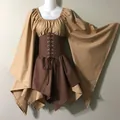 Medieval Renaissance dress featuring wide flared sleeves and a lace-up brown corset waist - S / Dresses / Khaki + Brown