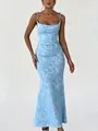 Elegant light blue jacquard camisole maxi dress with a slim fit for evening or vacation - S / Dresses / Sky Blue