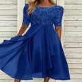 Elegante abito lungo da sera in chiffon blu con patchwork in pizzo e mezze maniche - Taglia S / Vestiti / Blu