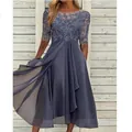 Elegant dusty blue evening dress with intricate lace bodice and flowing chiffon skirt detail - S / Dresses / Gray Purple