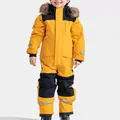 High-visibility yellow and black kids' one-piece waterproof ski suit with fur hood - 80cm / Set / Yellow