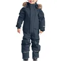 Detail of navy blue children's one-piece waterproof ski suit with fur hood. - 80cm / Set / Navy Blue
