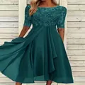 Elegante abito da sera in pizzo verde acqua e chiffon con maniche a tre quarti - Verde Scuro
