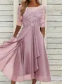 Detailed view of a mauve chiffon lace patchwork evening dress with a flowing skirt - S / Dresses / Pink