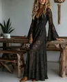 Close-up of black lace long-sleeved V-neck maxi dress with bell sleeves - XS / Black