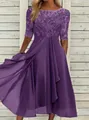 Detail view of purple chiffon lace patchwork evening gown showing embroidery texture - S / Dresses / Deep purple