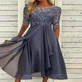 Elegante abito da sera blu in pizzo e chiffon con gonna fluida per occasioni formali - Taglia S / Vestiti / Blu Viola
