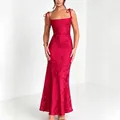 Elegant red jacquard maxi evening dress featuring a slim fit design and thin spaghetti straps - S / Dresses / Red