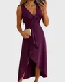 Elegant purple V-neck sleeveless dress with ruffled wrap skirt detail - XS / Dresses / Purple