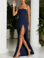 Elegante vestido de noche largo palabra de honor azul marino con abertura alta para mujer - S / Vestidos / Azul marino