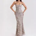Elegante vestido de noche con lentejuelas florales, corpiño tipo corsé y tirantes - S / Vestidos / Gris