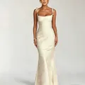 Elegante abito lungo jacquard bianco crema con spalline sottili da annodare per donna - Bianco