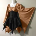 Medieval retro flared sleeve dress with black corset for Halloween cosplay costumes - S / Dresses / Khaki and Black