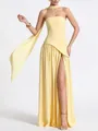 Elegant strapless light yellow evening gown with a high slit and flowing neck scarf detail. - S / Dresses / Yellow
