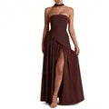 Elegant chocolate brown strapless evening gown featuring high slit and choker detail - S / Dresses / Coffee