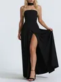 Elegant floor-length black strapless evening gown featuring high slit and matching choker - S / Dresses / Black