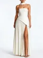 Detail view of an elegant white strapless evening dress with high slit and matching neck ribbon - White