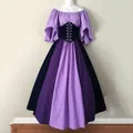 Front view of purple and black medieval dress with lace-up corset and flared sleeves - S / Dresses / Purple