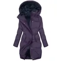 Donkerpaarse halflange gewatteerde jas met een warme pluche fleece gevoerde capuchon - Donkerpaars