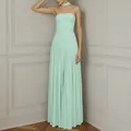 Elegant mint green strapless maxi evening dress with asymmetrical pleated skirt - Light Green
