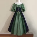 Detail view of a green and navy medieval dress with corset waist and ruffled neckline - S / Dresses / Green Blue
