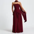 Elegant burgundy strapless evening gown with matching flowing scarf and slim fit silhouette - Burgundy