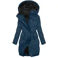 Donkerblauwe winterparka met capuchon en dikke warme zwarte lamswolvoering voor dames - Marineblauw
