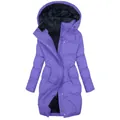 Gedetailleerd overzicht van paarse winterjas voor dames met capuchon en warme voering - S / Tops / Paars