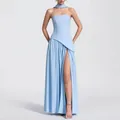 Elegant light blue strapless evening gown with high slit and matching neck scarf - Sky Blue