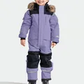 Detailed front view of kids' purple waterproof one-piece ski suit with faux fur hood trim - 80cm / Set / Purple Blue