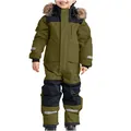Detailed front view of a kids one-piece ski suit with a fur hood and safety reflective strips - 80cm / Set / Army Green