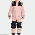 Detail showing pink and black waterproof one-piece ski suit for girls with fur hood - 80cm / Set / Pink