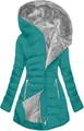 Detail view of teal women's quilted winter coat with plush grey faux fur lining. - S / Tops / Malachite green