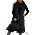 Detailed view of long black hooded puffer vest with quilted design for women - S / Tops / Black