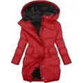 Detailopname van de warme zwarte fleecevoering en capuchon van deze rode winterjas. - Rood