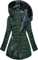 Giacca imbottita con cappuccio verde scuro da donna con calda fodera in finta pelliccia sintetica - Verde scuro