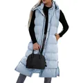 Detailed view of women's light blue long hooded padded vest designed for winter warmth. - S / Tops / Light Blue