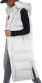 Detailed side view of a long white quilted hooded vest for women in winter outdoor style - S / Tops / White