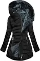 Detailed view of the thick grey faux fur lining and large hood on this black puffer jacket - S / Tops / Black