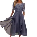 Elegante grijsblauwe midi-avondjurk van kant en chiffon voor bruidsmeisjesfeesten - Grijs Paars