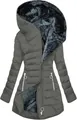 Cappotto invernale grigio spesso da donna con cappuccio e fodera in peluche nero - Grigio scuro