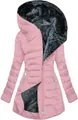 Caldo cappotto invernale rosa con cappuccio, fodera in peluche nera e tasche con cerniera. - Rosa