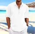 Classic men's casual white long-sleeved linen shirt worn by a model at the beach - White