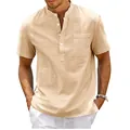 Detail view of men's beige linen-textured shirt with mandarin collar and chest pocket - S / Tops / Khaki